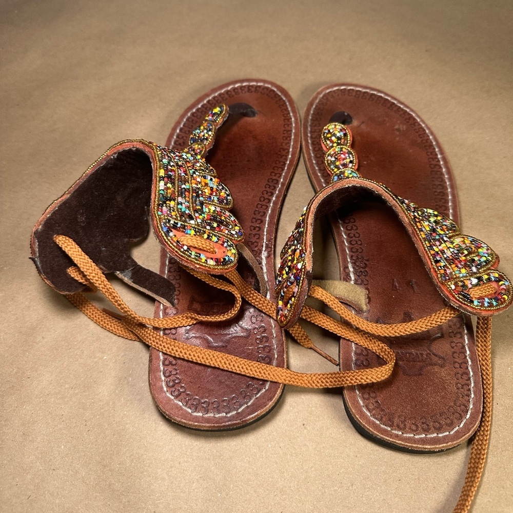 Beaded Boho Leather Sandals Size 41 - Picture 3 of 7